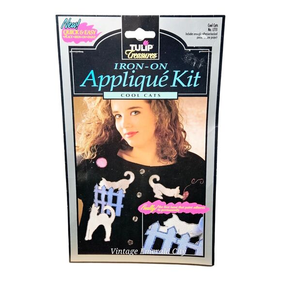 Vtg Tulip Treasures Lame Iron On Applique Kit Cool Cats Metallic Fashion Craft - Picture 1 of 5